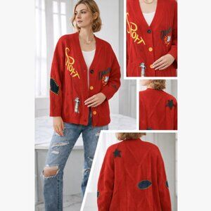 Red Graphic Cardigan Women Oversized Button Up Knit Sweater NEW Patchwork M
